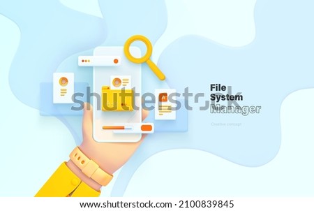 Search and classification of data. The hand is holding the phone. Mobile application for data analysis and accounting. File management. Electronic document management. Vector illustration 3d style