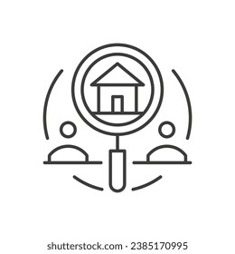 Search clients family for real estate agency buy rent sale thin line art icon vector illustration. Customer agent choosing finding house home cottage residential apartment relocation commercial deal