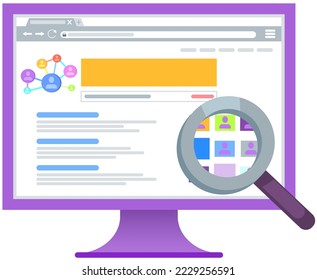 Search for clients and information in internet, Communicating in social network, Shopping online using computer and magnifying glass looking for user. Working with social media technology user profile