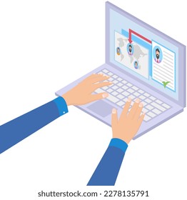 Search for clients and information in internet, Communicating in social network, Shopping online using computer looking for user. Working with social media technology user profile, typing on keyboard