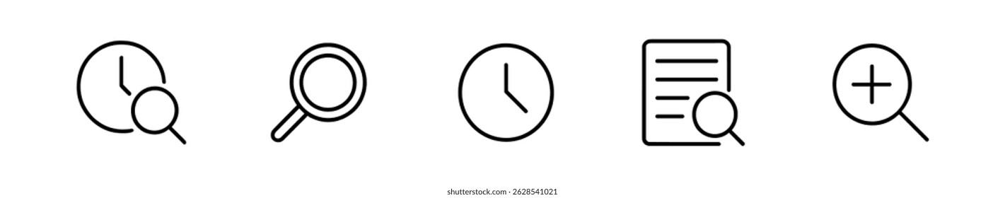 Ícone de contorno de pesquisa e relógio definido - tempo, lente, símbolos de tarefa