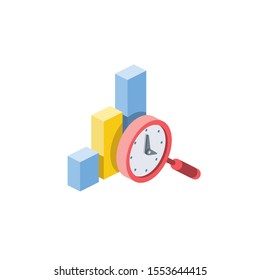 Search clock time chart. Vector 3d isometric, color web icon, new flat style. Creative illustration design, idea for infographics.