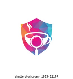 Search Coffee shield shape concept logo template design vector. Coffee magnifying glass logo template Vector.