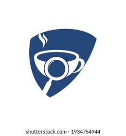 Search Coffee shield shape concept logo template design vector. Coffee magnifying glass logo template Vector.	