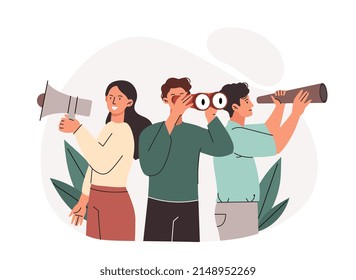 Search for colleagues. Men and girls look through binoculars. Metaphor of HR department, company recruitment and expansion of staff. Experts looking for newcomers. Cartoon flat vector illustration