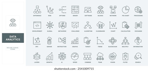 Búsqueda y combinar información delgada Ilustración vectorial de símbolos de contorno negro. Análisis de datos e investigación, análisis financiero y seguimiento de tendencias del mercado de valores por analistas conjunto de iconos de línea de equipo.