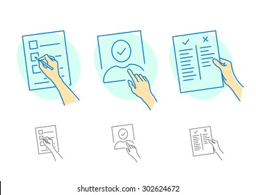 Search, compare, comment icons. Outline vector icon set. Hand with a pen and sheet of paper.