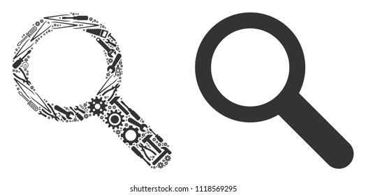 Search composition of workshop instruments. Vector search icon is done of gearwheels, screwdrivers and other service items. Concept of maintenance workshop.