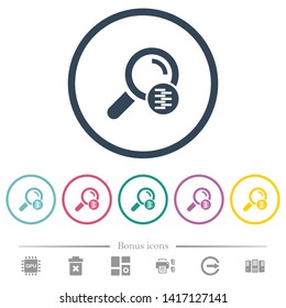 Search in compressed files flat color icons in round outlines. 6 bonus icons included.