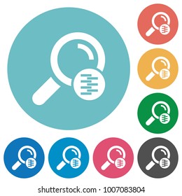 Search in compressed files flat white icons on round color backgrounds