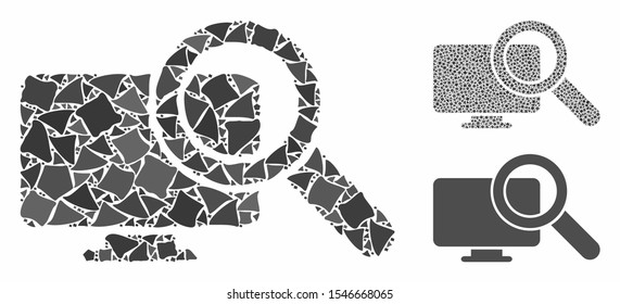 Search computer composition of tuberous parts in variable sizes and shades, based on search computer icon. Vector ragged parts are composed into collage.