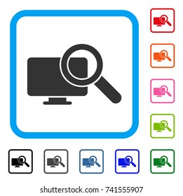 Search Computer icon. Flat grey pictogram symbol inside a light blue rounded frame. Black, gray, green, blue, red, orange color additional versions of Search Computer vector.