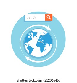 Search concept address bar with globe icon and magnify glass on button in flat design style