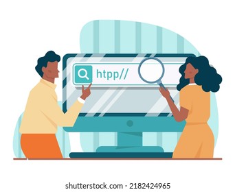 Search concept. Character looking for opportunities, decisions, new ideas or staff. People looking into future choosing new directions of development. Flat vector illustration