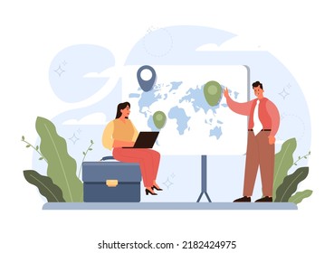 Search concept. Character looking for opportunities, decisions, new ideas or staff. People looking into future choosing new directions of development. Flat vector illustration