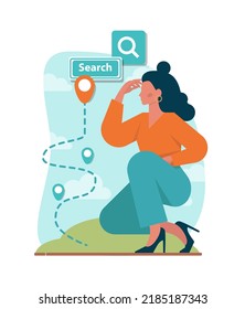 Search concept. Character looking for opportunities, decisions, new ideas or staff. People looking into future choosing new directions of development. Flat vector illustration