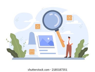 Search concept. Character looking for opportunities, decisions, new ideas or staff. People looking into future choosing new directions of development. Flat vector illustration