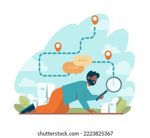 Search concept. Character looking for opportunities, decisions, new ideas or staff. People looking into future choosing new directions of development. Flat vector illustration