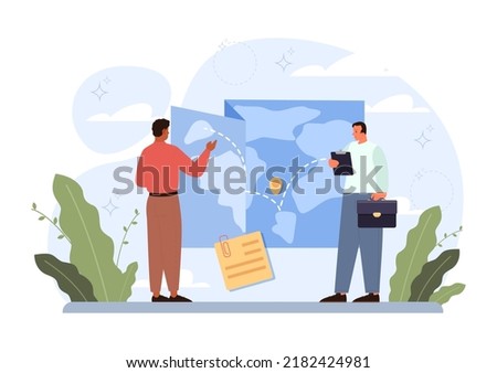 Search concept. Character looking for opportunities, decisions, new ideas or staff. People looking into future choosing new directions of development. Flat vector illustration
