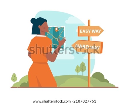 Search concept. Character looking for opportunities, decisions, new ideas or staff. People looking into future choosing new directions of development. Flat vector illustration