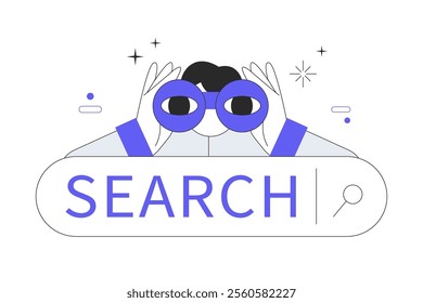 Search Concept. Character looks through his binoculars, looking for something. Watching someone closely. Flat Cartoon Vector Illustration, icon. Stylish abstract Blue 