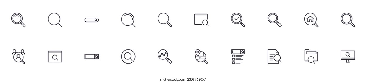 Search concept. Collection of modern high quality search line icons. Editable stroke. Premium linear symbol for web sites, flyers, banners, online shops and companies. 