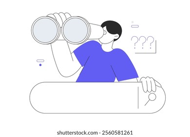 Search Concept. Curious man looking through binoculars. Business metaphore for search or research, development, web surfing. Flat Cartoon Vector Illustration, icon. Stylish abstract. Blue, Trendy 