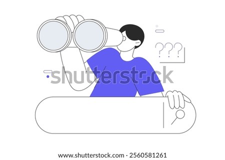 Search Concept. Curious man looking through binoculars. Business metaphore for search or research, development, web surfing. Flat Cartoon Vector Illustration, icon. Stylish abstract. Blue, Trendy 