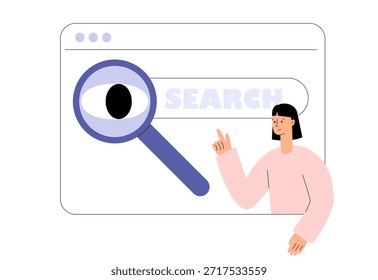 Search concept. Eye looking through magnifying glass. Cartoon character with search bar. Surfing the Internet, website, online company. Search panel in the browser. Flat vector illustration