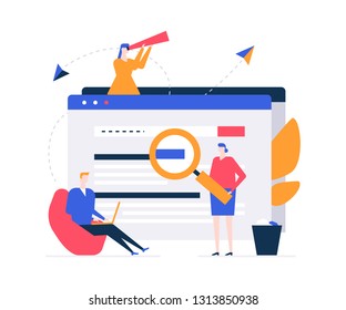 Search concept - flat design style colorful illustration on white background. A composition with male, female colleagues standing around web page with magnifying glass, spyglass, working with laptop