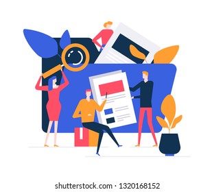 Search concept - flat design style colorful illustration on white background. A composition with male, female colleagues looking for data, document with a magnifying glass in a big office folder