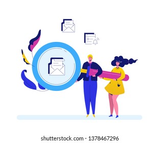 Search concept - flat design style colorful illustration on white background. A composition with a man, woman holding a big magnifying glass, loupe, trying to find an email. Perfect for a mobile app