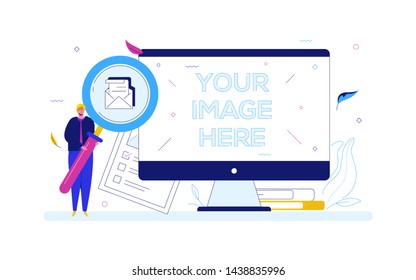 Search concept - flat design style colorful illustration on white background. A man holding a magnifying glass, looking for an email, check list. A computer with place for your image on the screen