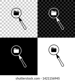 Search concept with folder icon isolated on black, white and transparent background. Magnifying glass and document. Data and information sign. Vector Illustration