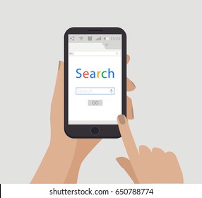 Search Concept. Hand Holding Smartphone. Vector. Simple Flat Style Illustration. Online Search With Mobile Phone.