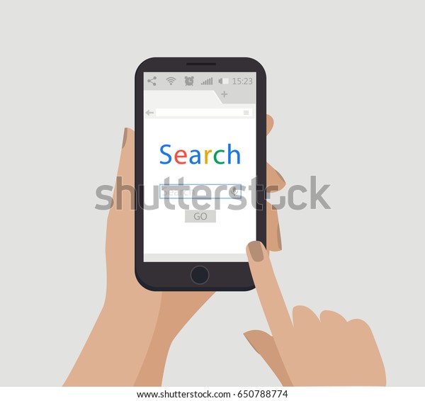 検索のコンセプト スマートフォンを持つ手 ベクター画像 単純なフラットスタイルのイラスト 携帯電話でのオンライン検索 のベクター画像素材 ロイヤリティフリー