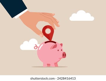Concepto de búsqueda. La mano poniendo el alfiler de la sucursal en una alcancía. Oportunidades, decisiones, nuevas ideas. Ilustración vectorial moderna en estilo plano