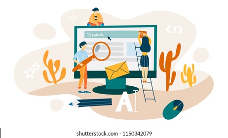 Search concept. Looking for information in the internet using website. Idea of digital technology and seo. Isolated flat vector illustration