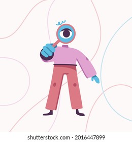 Search Concept. Male Mascot Holds Magnifying Glass And Looking With Big Eye. Scientific Research, Online Search, Information Analysis, Surveillance. Vector Illustration With Abstract Drawing Character