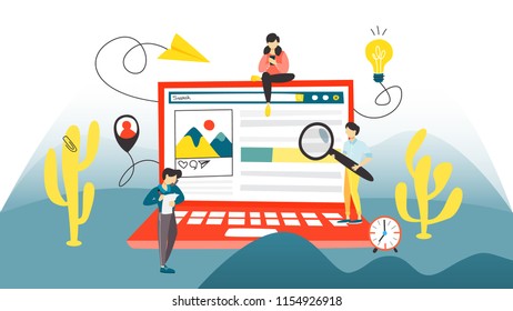 Search concept. Searching information in the internet using website. Idea of digital technology and seo. Isolated flat vector illustration