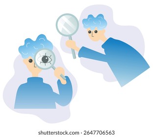Search concept set. Character collection. Character holding magnifying glass and searching or looking through something. Vector illustration. Icons in blue tones. Man and magnifying glass. Internet se