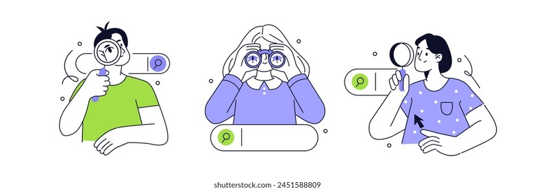 Search concept set. Collection of characters holding binocular, magnifier glass and searching or browsing internet. Vector illustration  