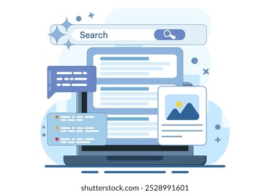 O conceito de pesquisa usando a IA, a tecnologia de pesquisa da AI é o pano de fundo da experiência de pesquisa do SGE. Transforme a pesquisa online com IA generativa. Simples ilustração vetorial com ícones modernos no fundo.