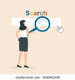 Search concept. Woman looking through magnifying glass or loupe. Business metaphore for search or research, development, web surfing. 