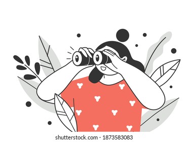 Search Concept. The Woman Looks Through Her Binoculars, Looking For Something. The Girl Is Watching Someone Closely. Vector Cartoon Illustration