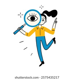 Search Concept, Young girl holding magnifying glass in hand and looking far away. Hand drawing vector illustration.