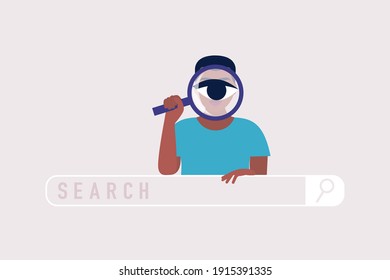 Search concept. Young man uses search bar. Colorful flat vector illustration.