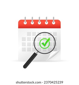 Search concepts with calendar icon and magnifying glass. Magnifying glass with documents, goal setting. Planning and scheduling. Poster or banner for website. Business concept. Vector illustration