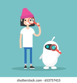 Search conceptual illustration. Characters looking through the magnifying glass / flat editable vector illustration