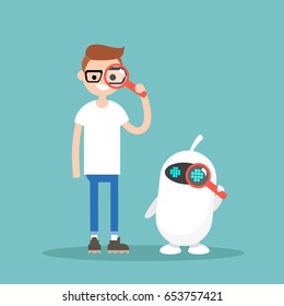 Search conceptual illustration. Characters looking through the magnifying glass / flat editable vector illustration